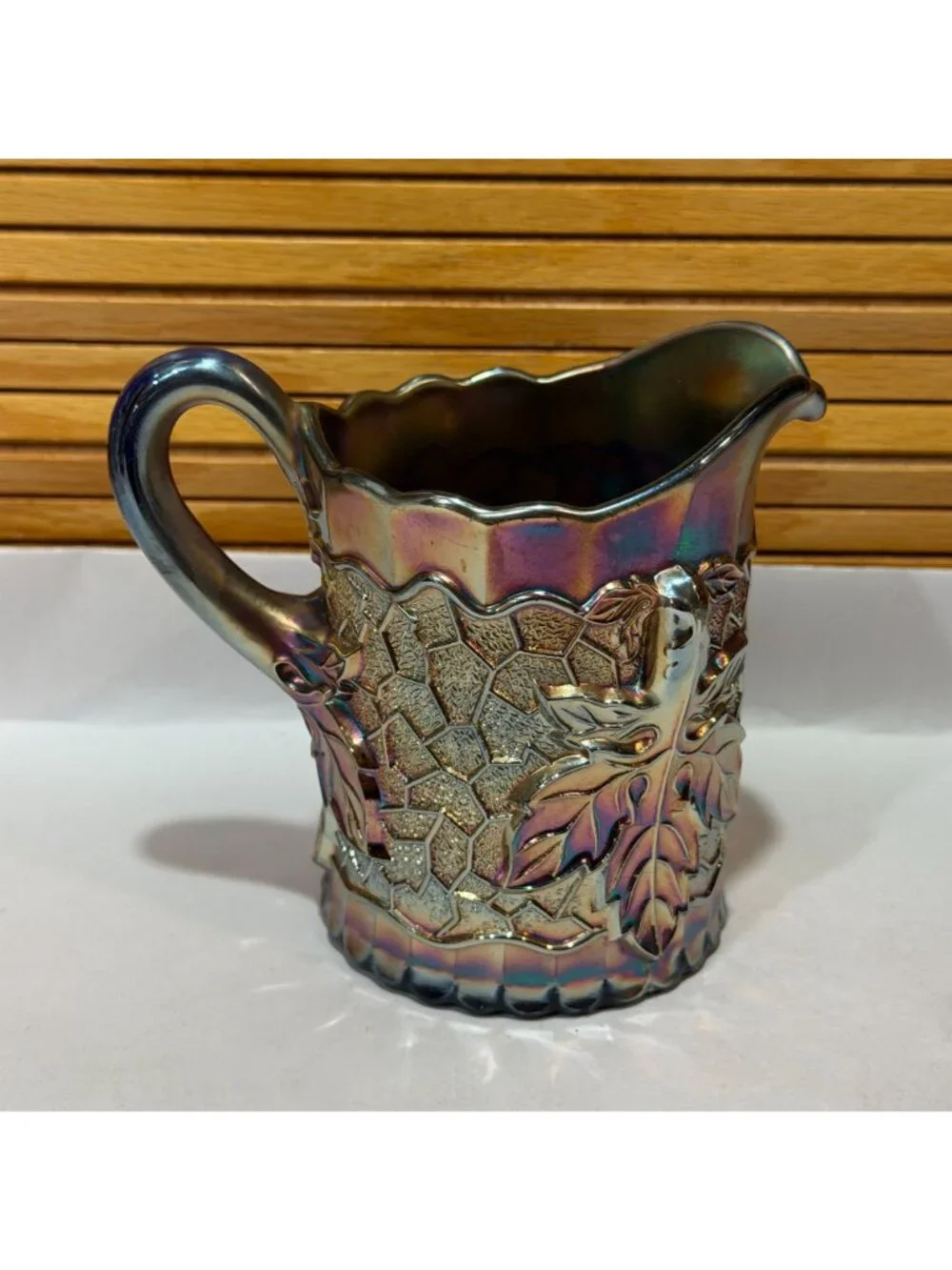 Vintage Dugan Carnival Glass Maple Leaf Iridescent Cobalt Blue Glass 4.5 Creamer